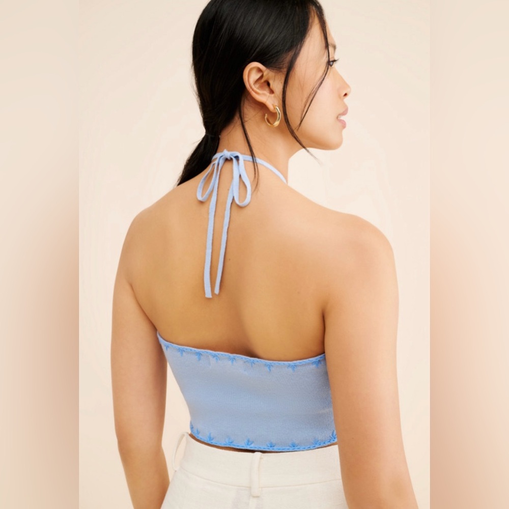 Embroidered Halter Top size S blue cropped silhouette back tie closure - Picture 3 of 10